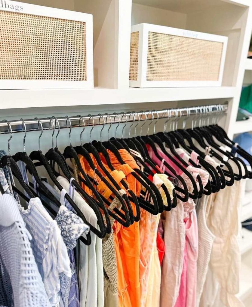 Picture of velvet space saving hangers in a small bedroom closet. 