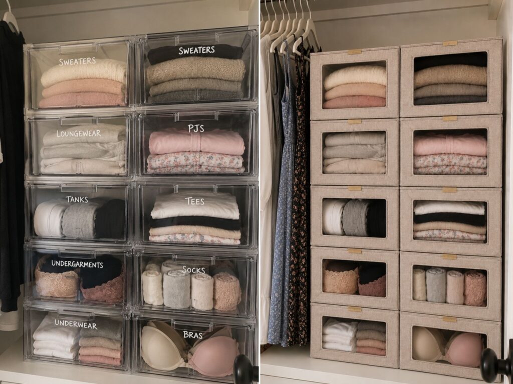 Stackable storage bins for small bedroom closet