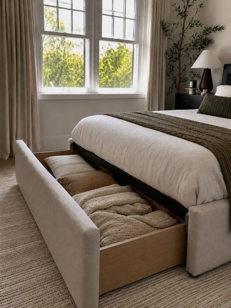 Storage bed with drawer storage with pillows and blankets inside the drawers as a small bedroom storage idea. 