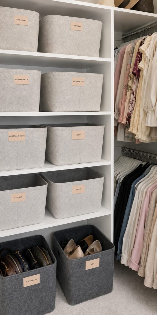 Matching storage bins in small closet