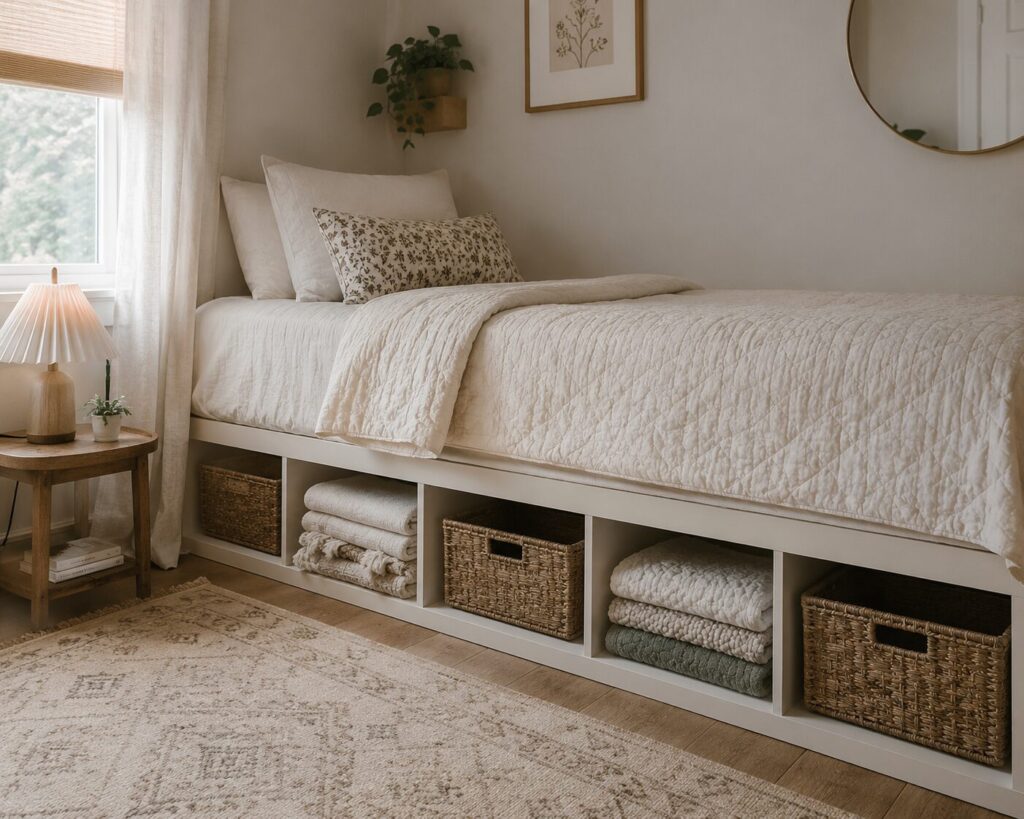 Bed frame with under bed cubbies for storage 