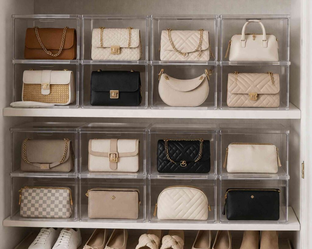 Purse organizers in small bedroom closet 