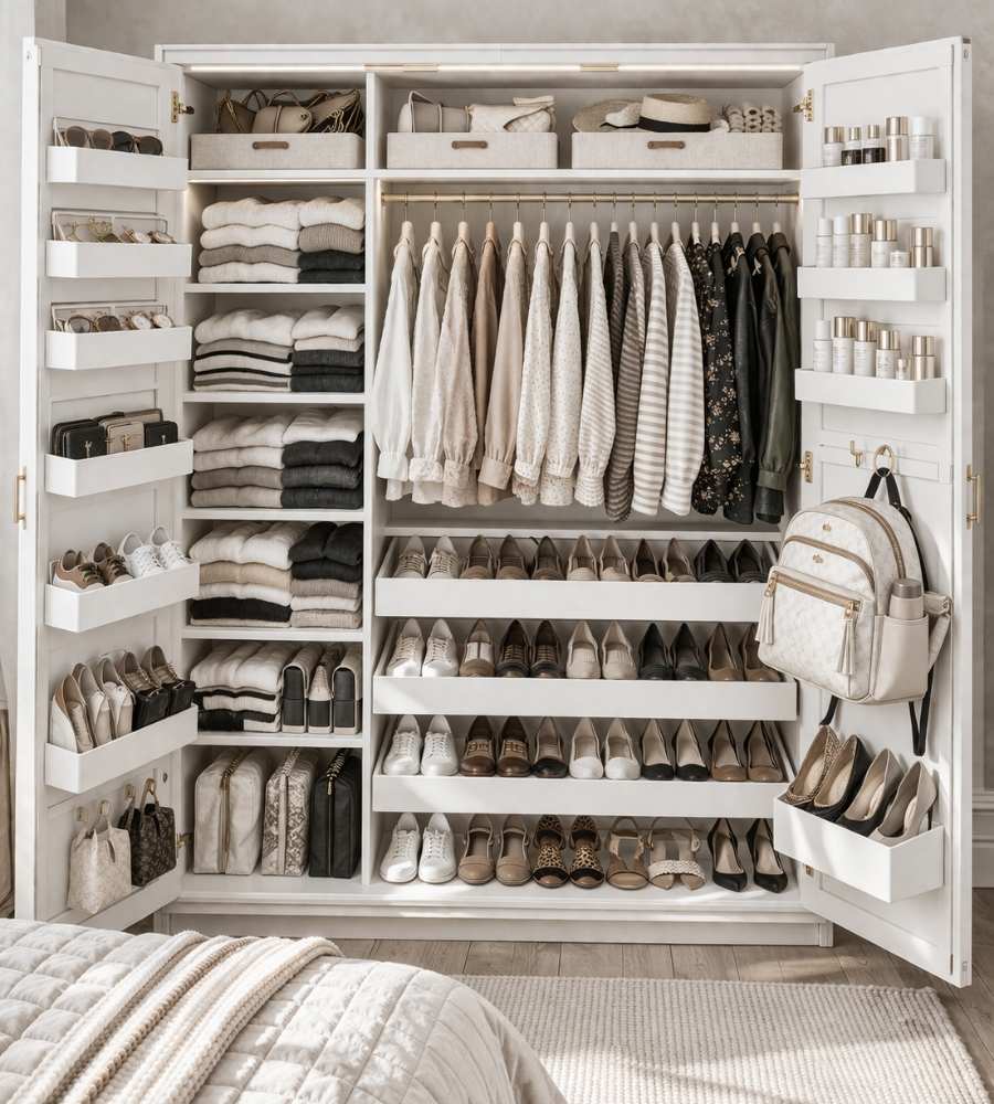 Picture of a small closet maximizing all the vertical space with storage solutions