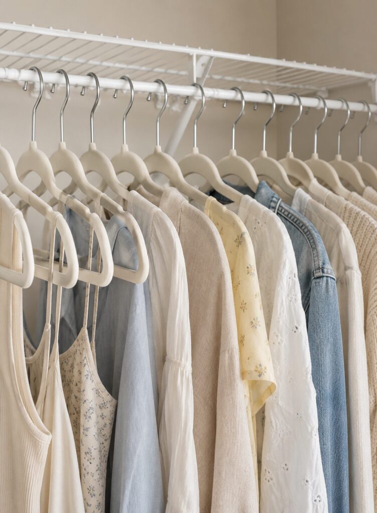 Velvet hangers with summer clorin a small closet