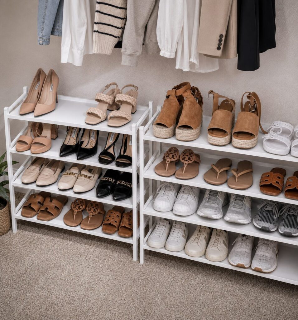 White multi-tiered shoe racks on the bottom of a women's closet