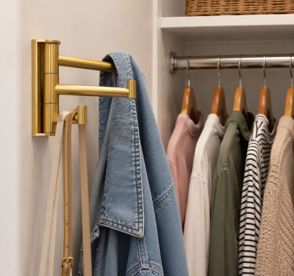 Gold rotating wall hooks hanging inside a small closet