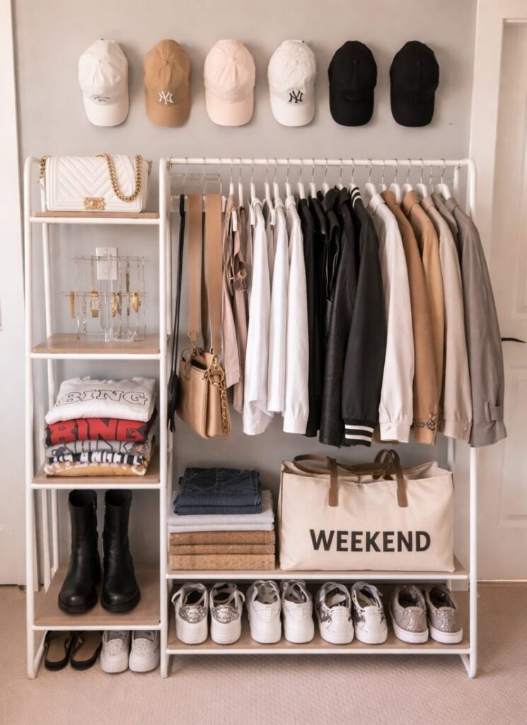 White clothing rack with clothes and accessories on it as a  small bedroom idea
