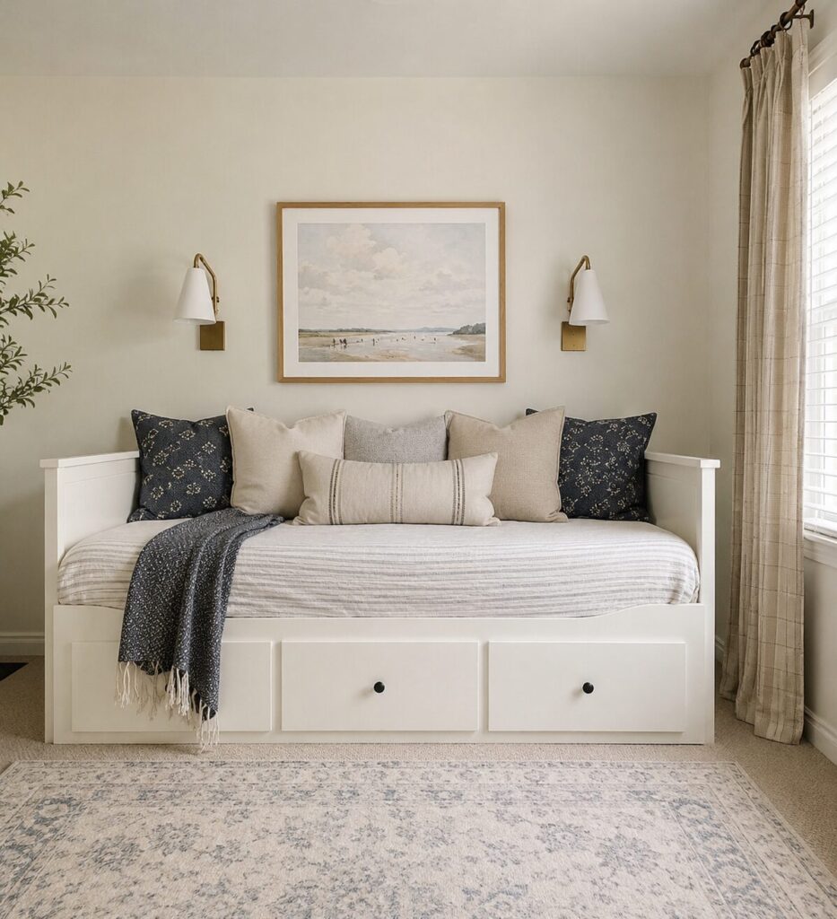 White day bed in a small bedroom