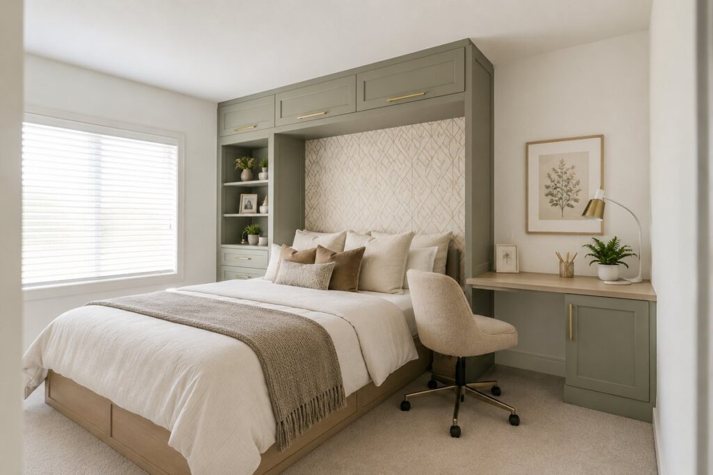 Built in bedroom furniture storage with desk
