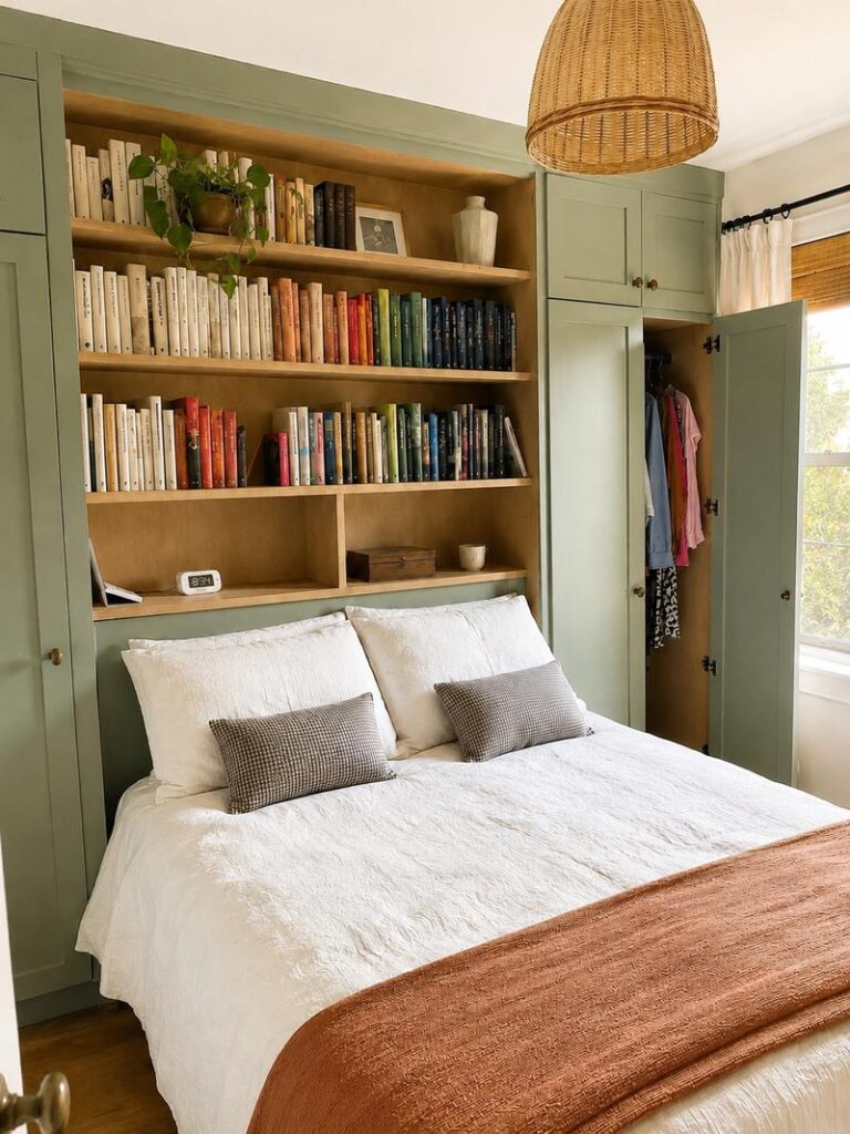 Bookcase installed on a wall in a small bedroom. 