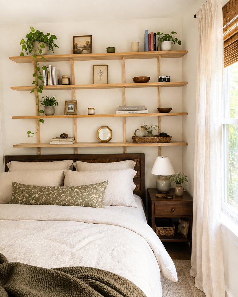 Floating shelves in a small bedroom 