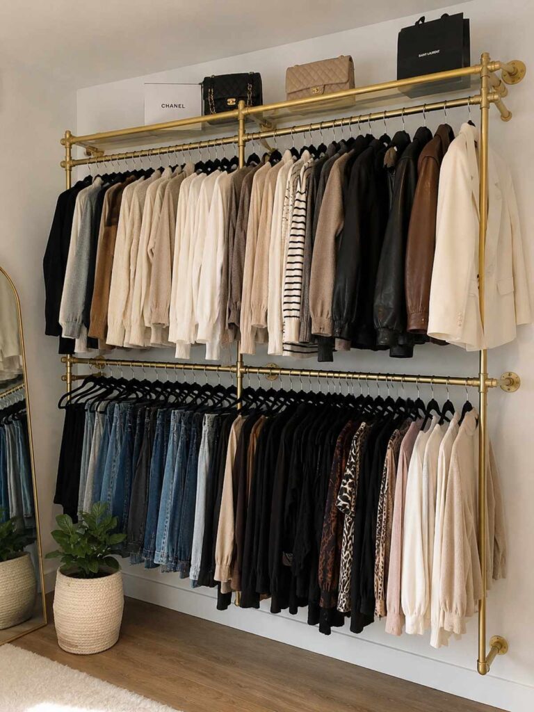 Add a gold industrial wall mounted wardrobe for small bedroom storage ideas. 