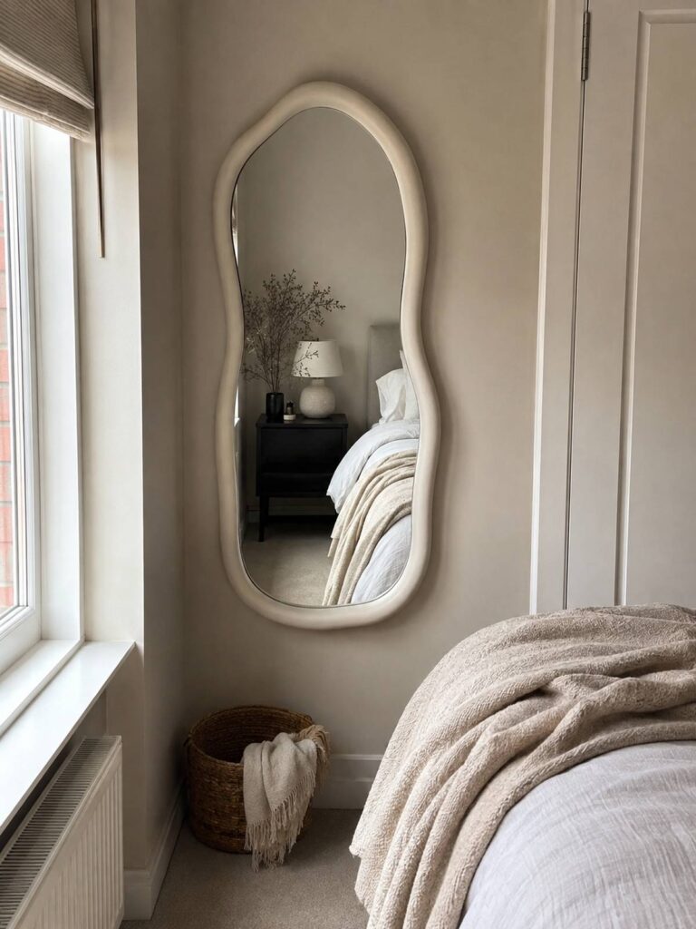 Wardrobe mirror installed on a bedroom wall in a small bedroom
