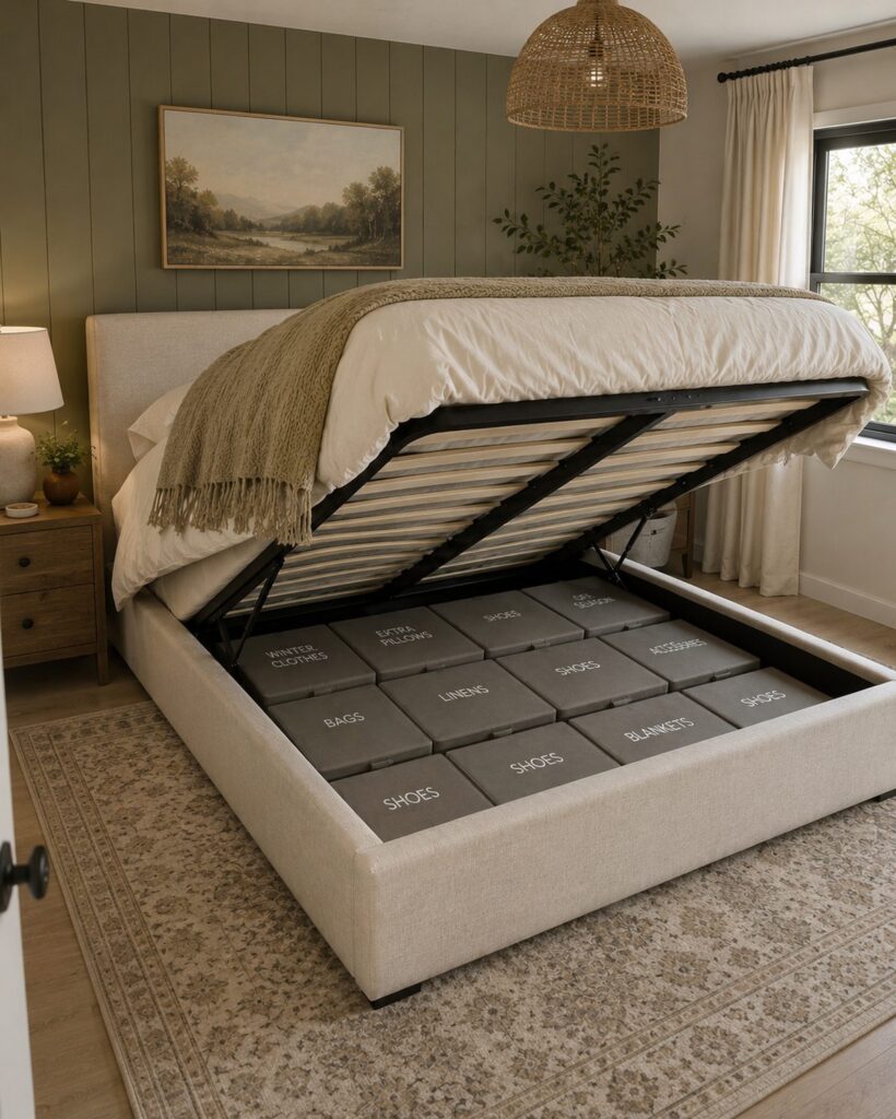 Lift up storage bed with storage underneath the bed in a small bedroom 