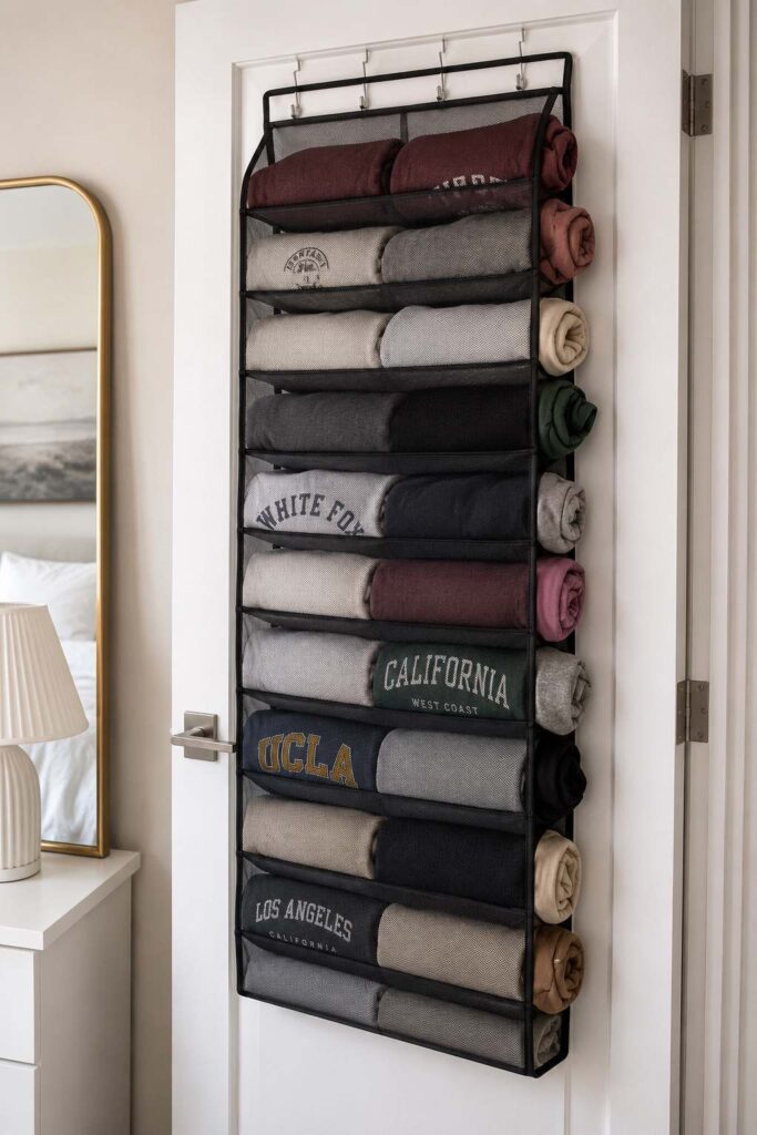 Sweatshirts stored in an over the door bedroom organizer