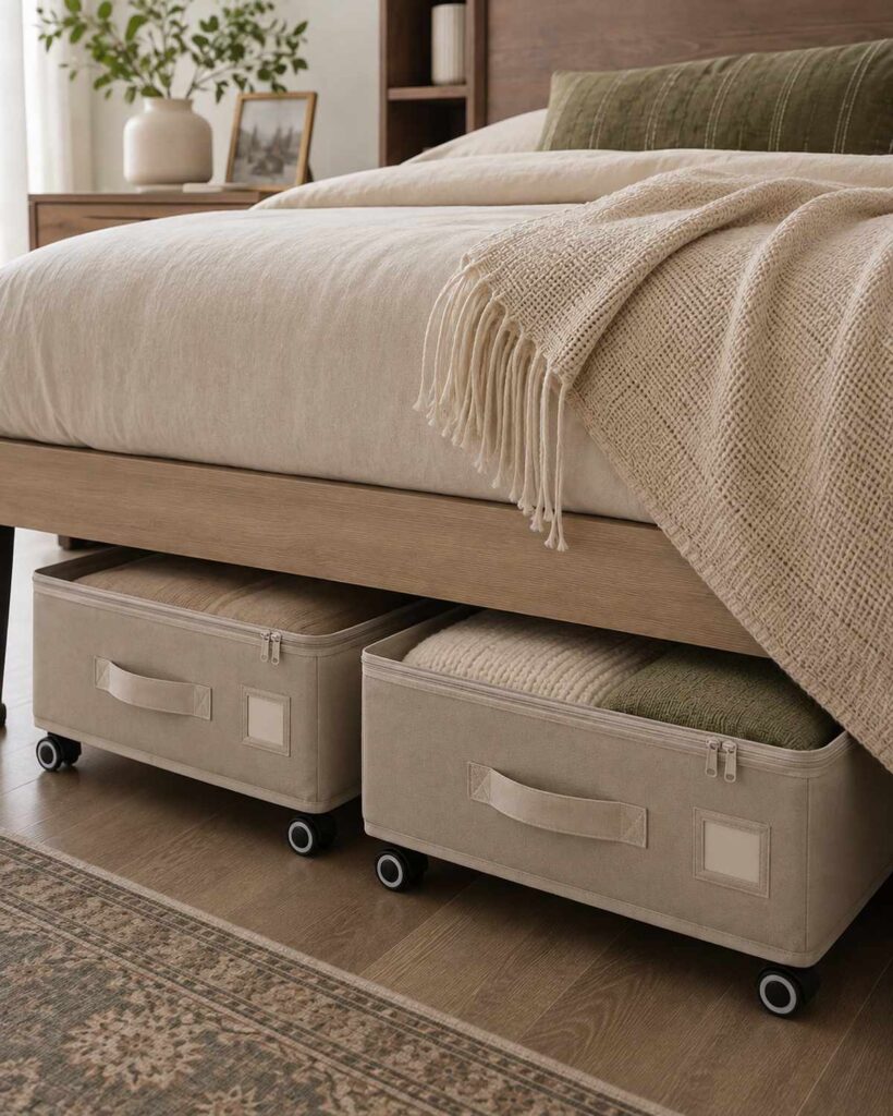 Rolling fabric underneath storage bins is a great small bedroom storage ideas. 