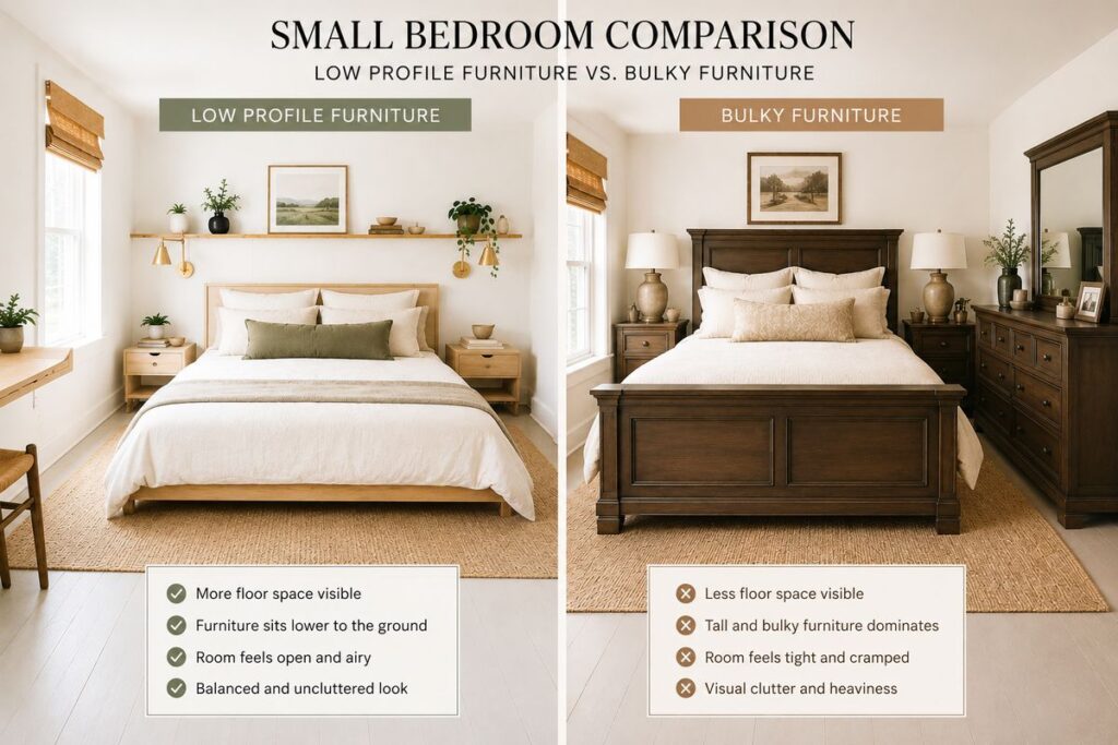 Small bedroom comparison photo of low-profile furniture and bulky furniture in a small bedroom. 