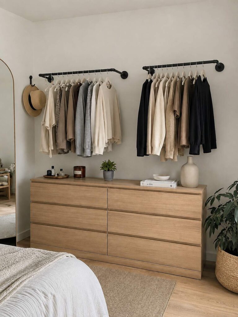 Bedroom storage ideas: wall-mounted clothing rods mounted to the wall in a modern bedroom. 