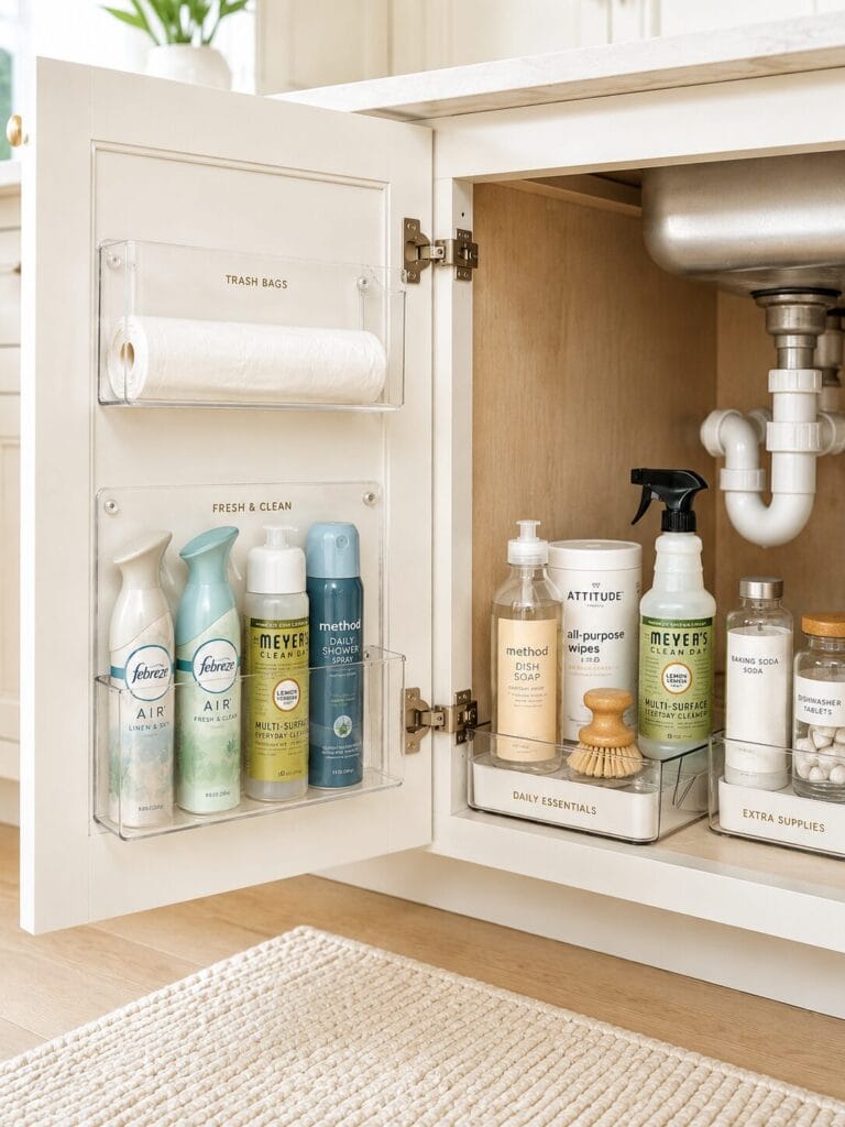Acrylic door bins installed behind kitchen sink cabinet. 