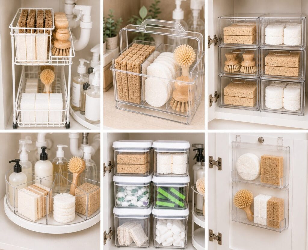 Picture of six ways to store sponges for under kitchen sink organization 