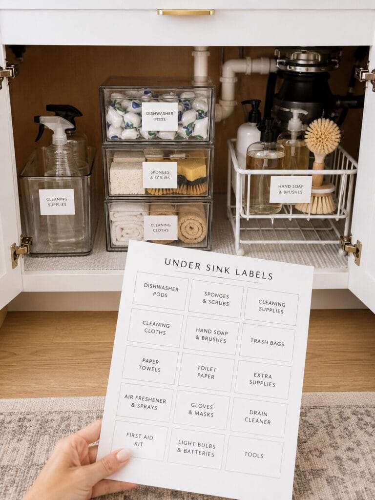 Under kitchen sink organizers labeled with white modern labels