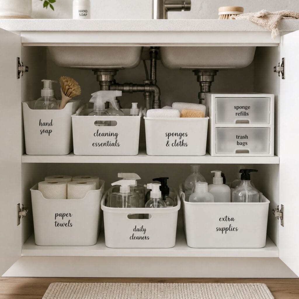 Under the kitchen sink, cleaning supplies that are stored in white storage bins. 