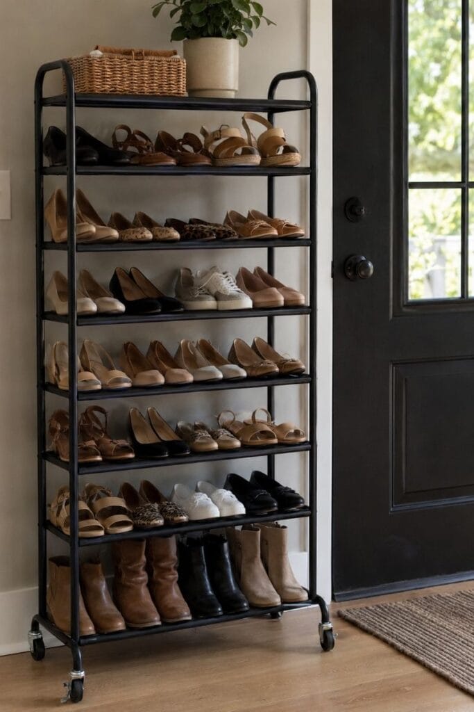 Rolling black shoe rack for shoe storage by entryway. 