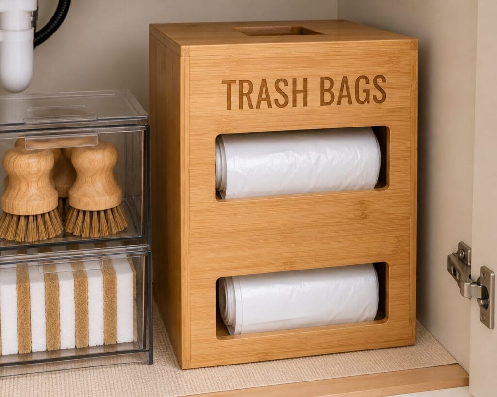 Trash bag dispenser under a kitchen sink