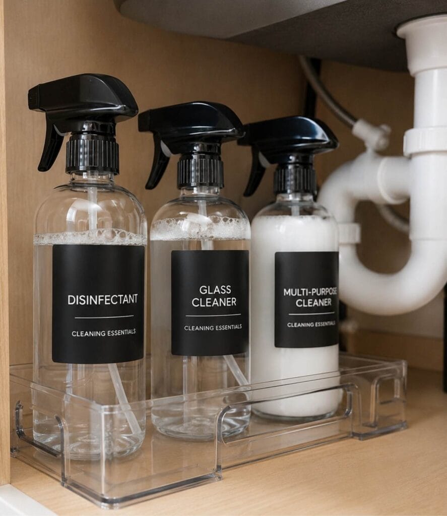 Matching cleaning bottles with black labels under a kitchen sink