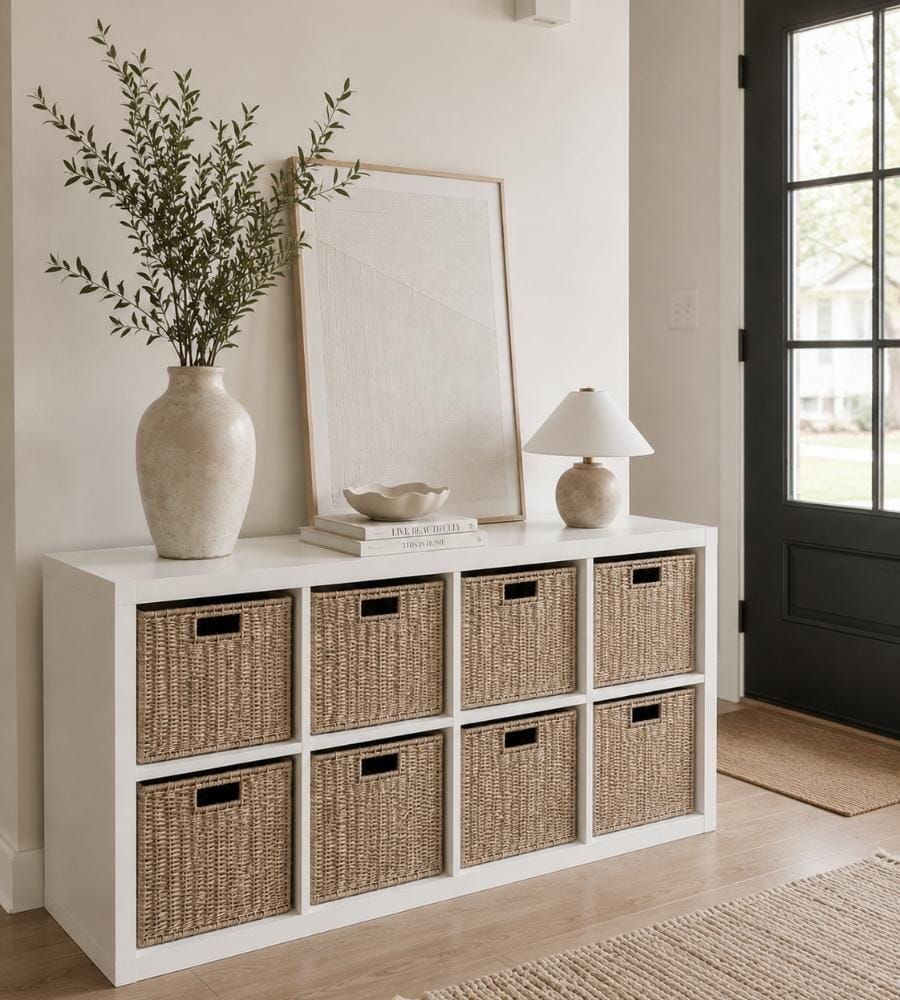 Eight-cube cubbies with woven bins for entryway shoe storage 