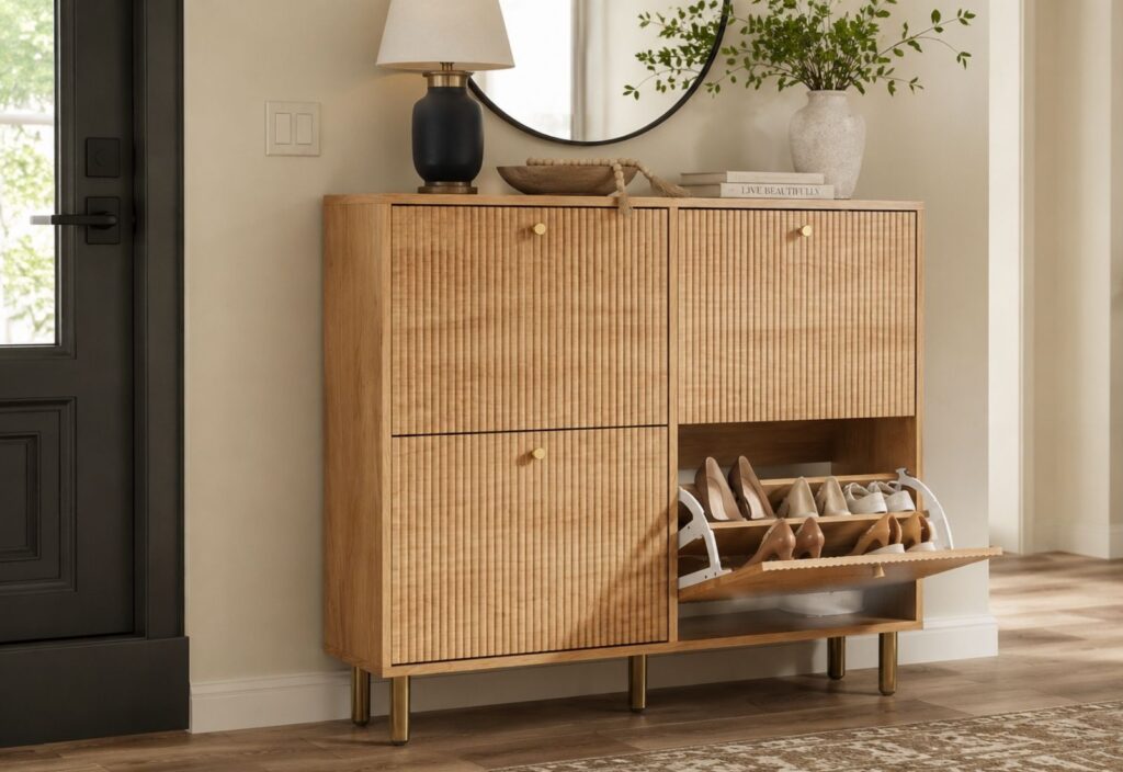 Entryway shoe cabinet, light oak and fluted in modern home