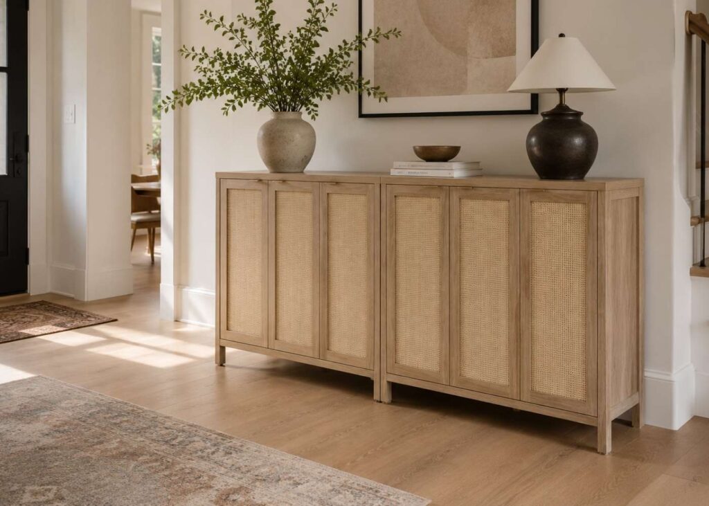 Large entryway shoe storage cabinet in a large home entryway. 