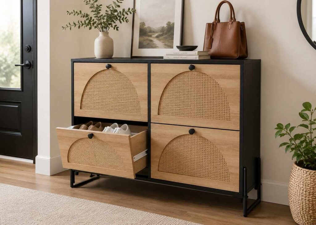Medium-sized shoe storage cabinet with four flip drawers and a rattan look in a home entryway 