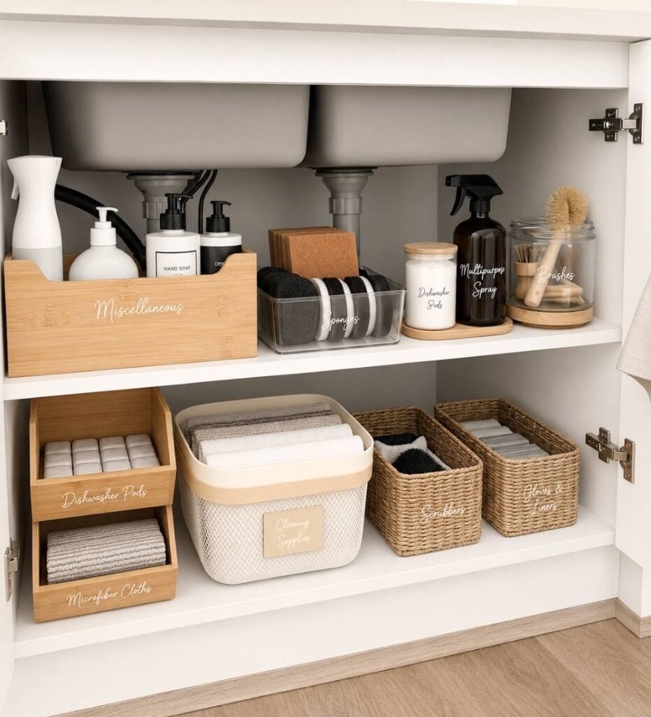 Neutral organizers under a kitchen sink