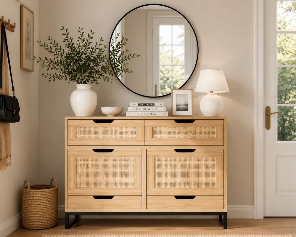 A shoe cabinet styled with decor. A circle mirror on the wall above it, a vase with greenery, a catch-all bowl, tabletop books, and a small lamp.  
