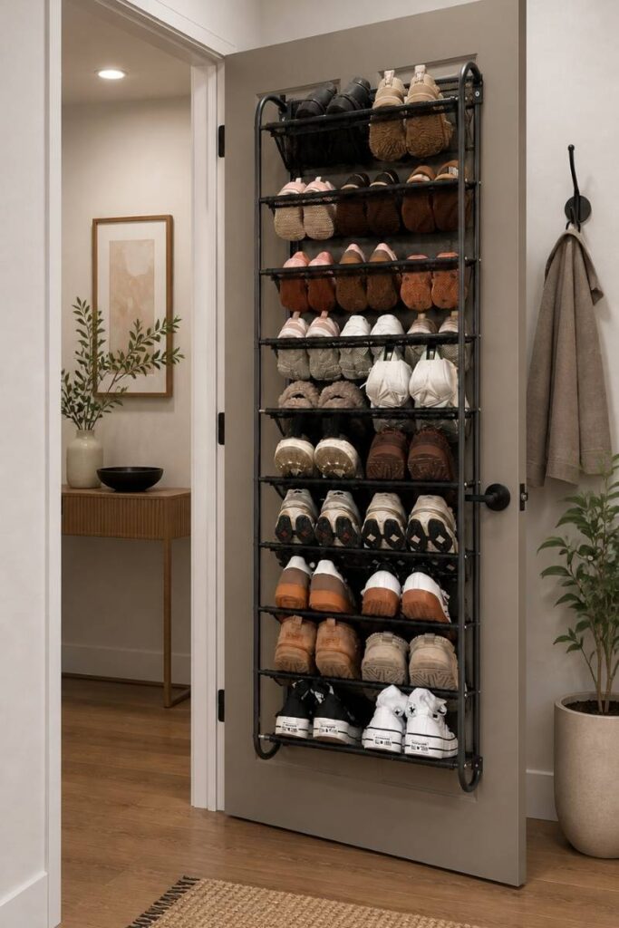 Over the door shoe storage rack in coat closet near entryway 