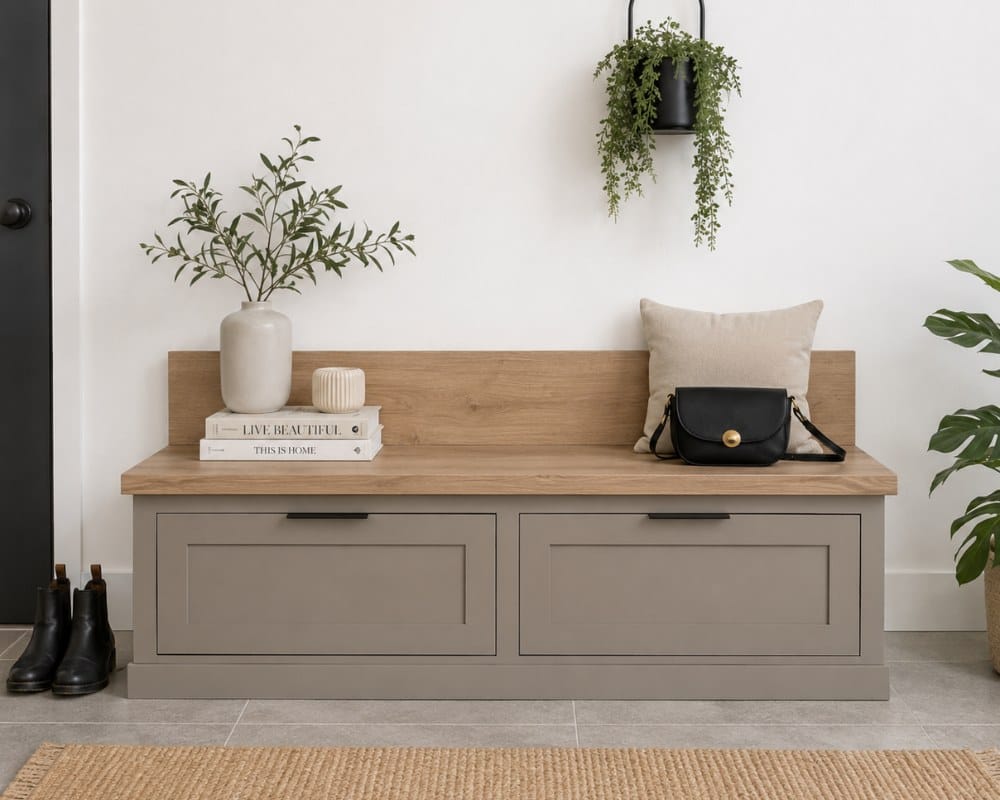 Hidden entryway shoe storage bench with drawers. 