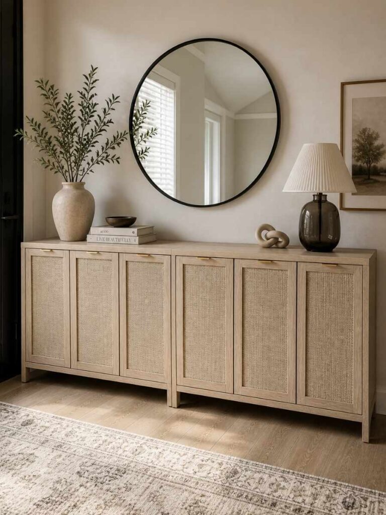 Light oak rattan shoe storage console table for home entryway