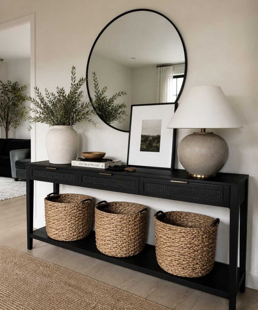 Three shoe storage woven bins under a black console table. 