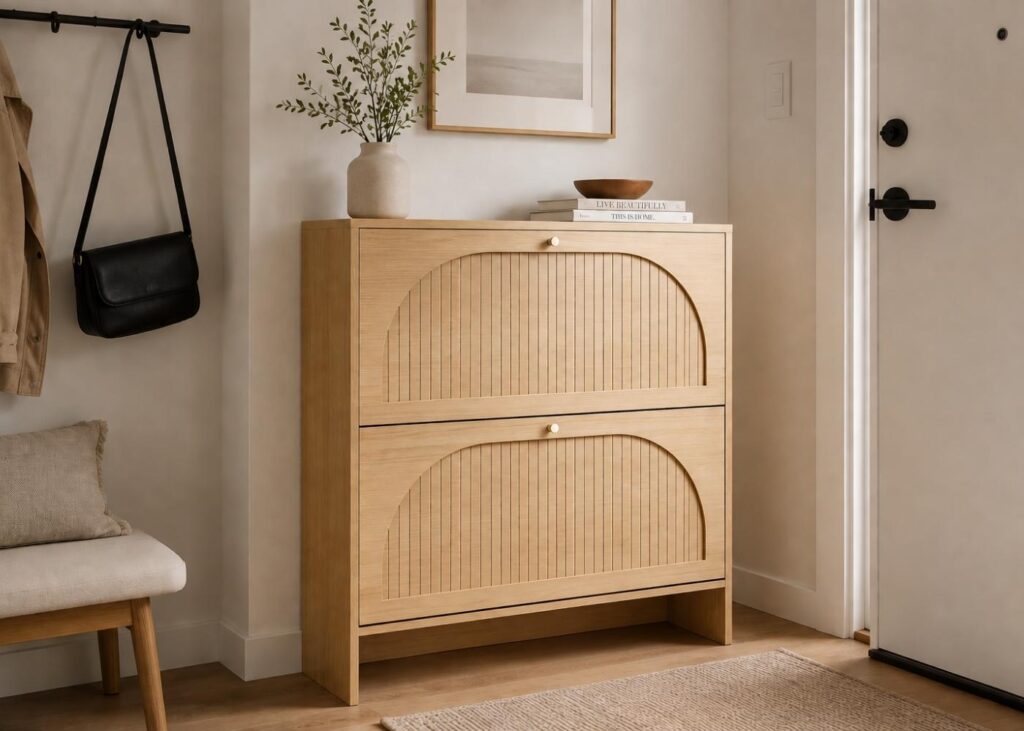 Small entryway shoe cabinet with a light oak color and two flip drawers in a small apartment entryway. 