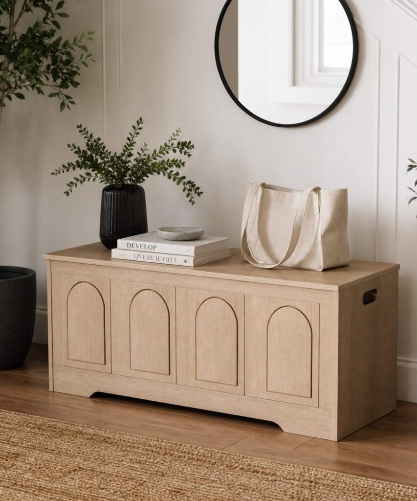 Light oak entryway storage trunk for hidden entryway shoe storage. 