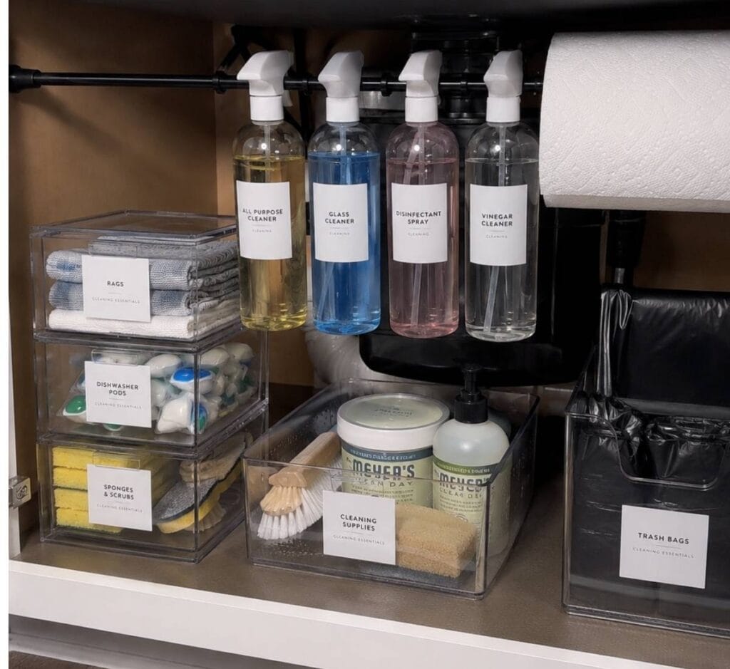 An under kitchen sink organization ideas of using a tension rod to hang cleaning solutions.