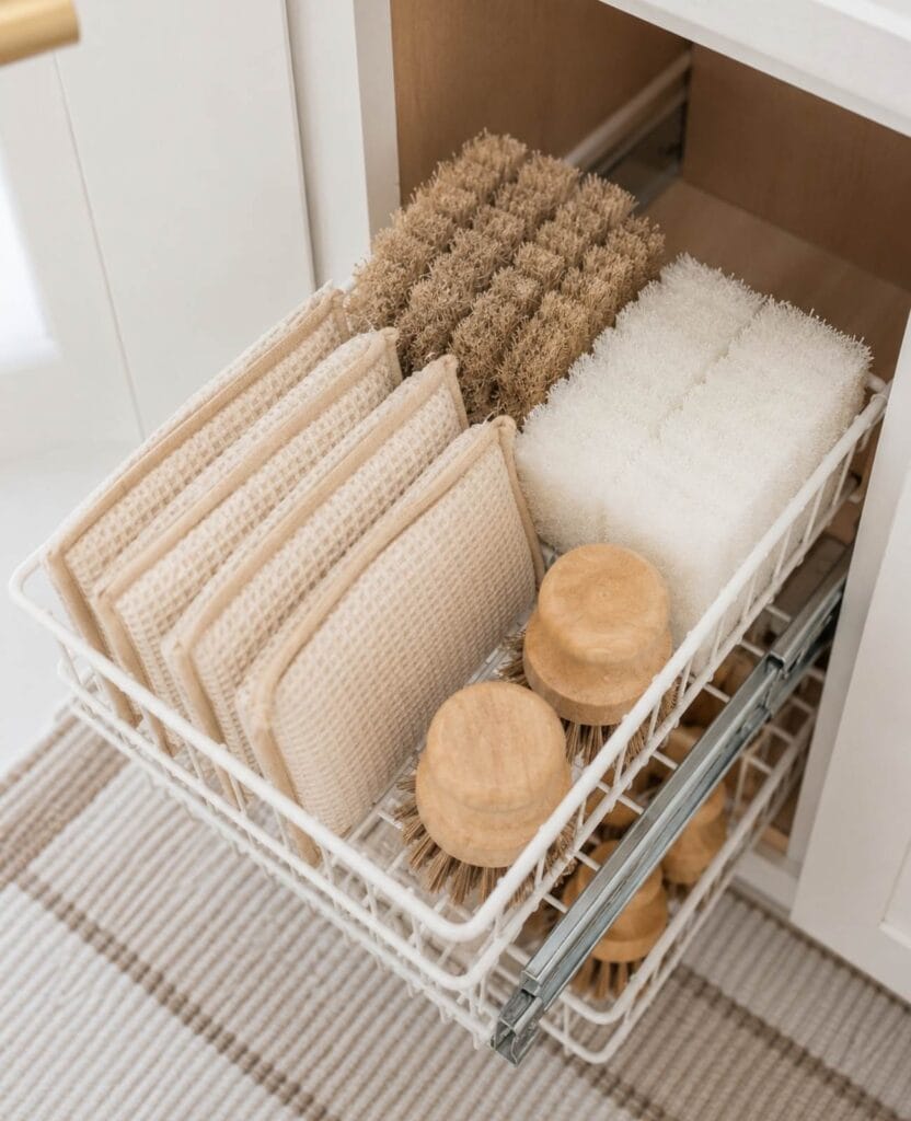 Sliding white two tier rack for under sink cabinet storage with sponges and scrub brushes on the first tier.