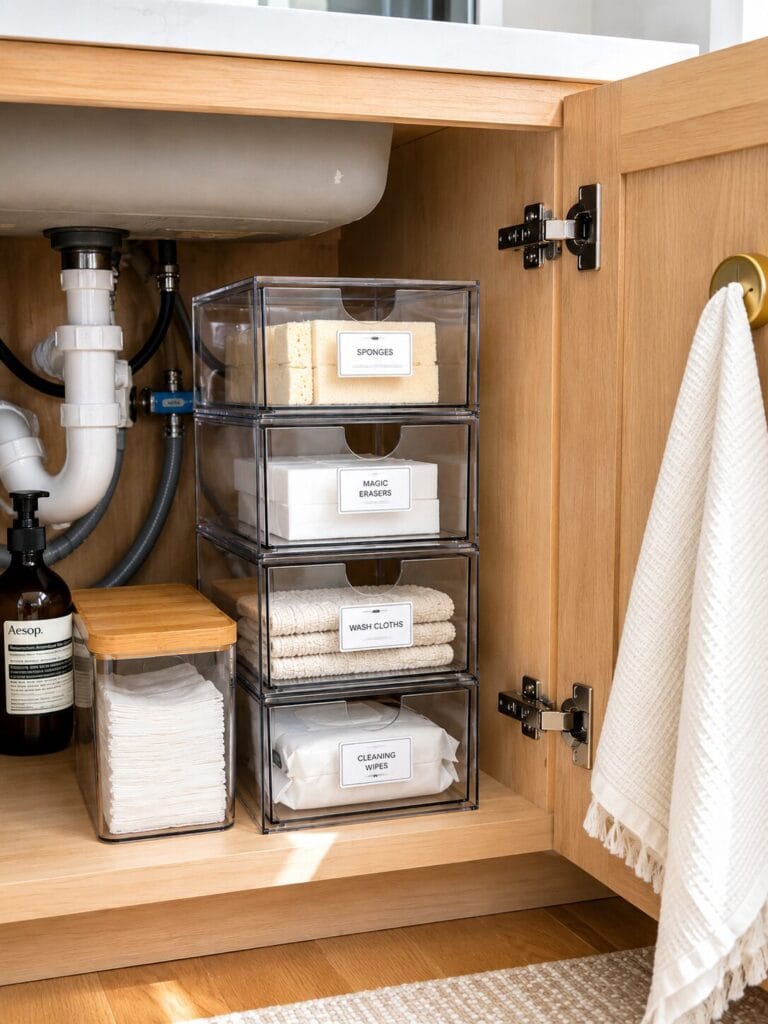 Four acrylic stackable drawer bins stacked and organized with labels 