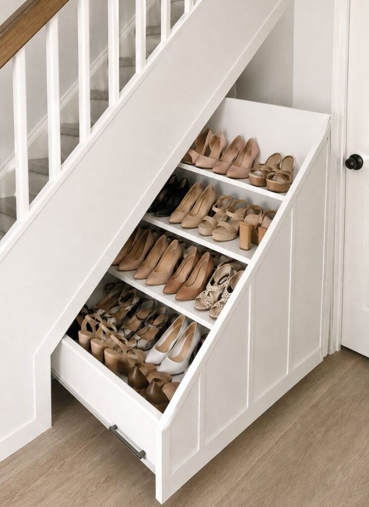 Under the stairs pull out shoe storage by entryway 