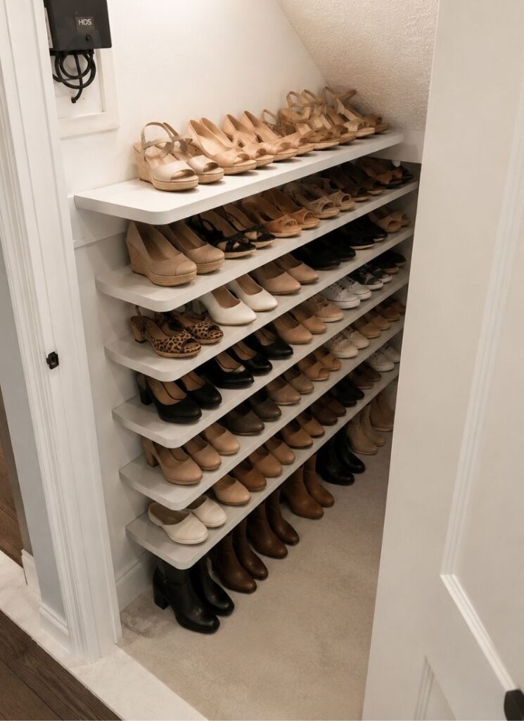Under-the-stairs storage closet with shoes stored on white shelves.