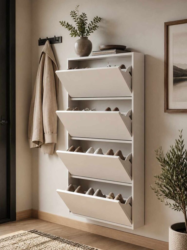 Wall mounted shoe rack in entryway of home