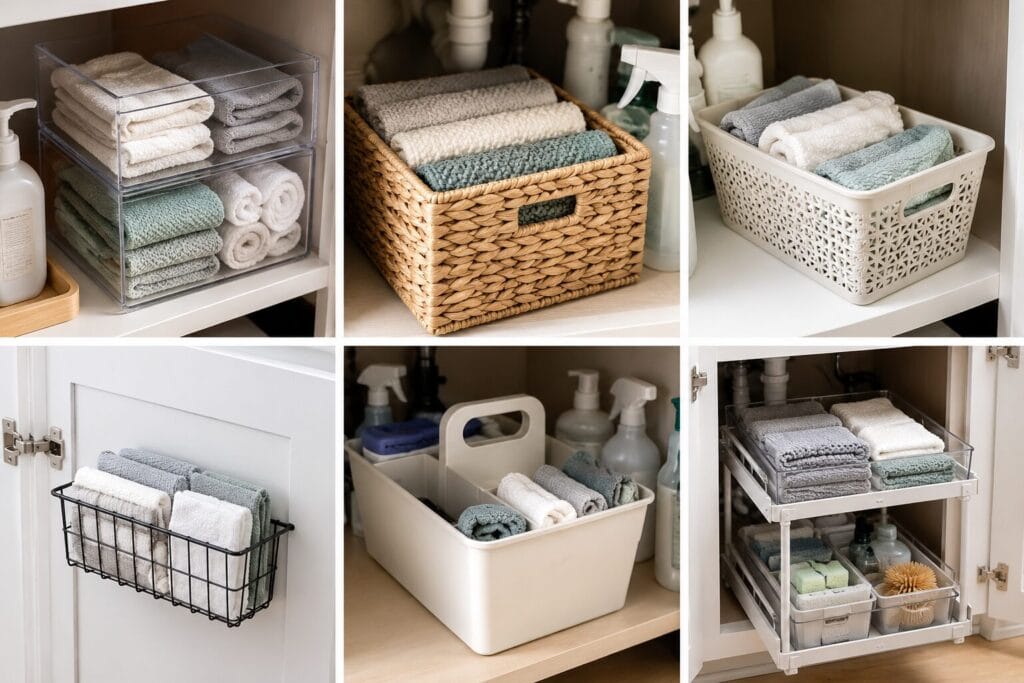 Six different ways to organize cleaning cloths under the kitchen sink 
