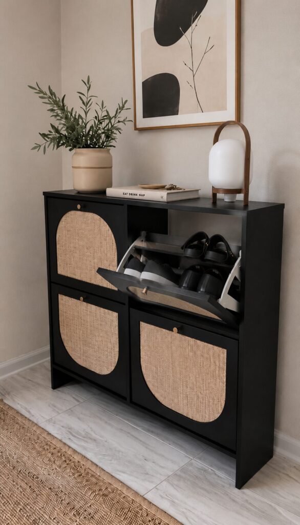 Medium black rattan entryway shoe cabinet 