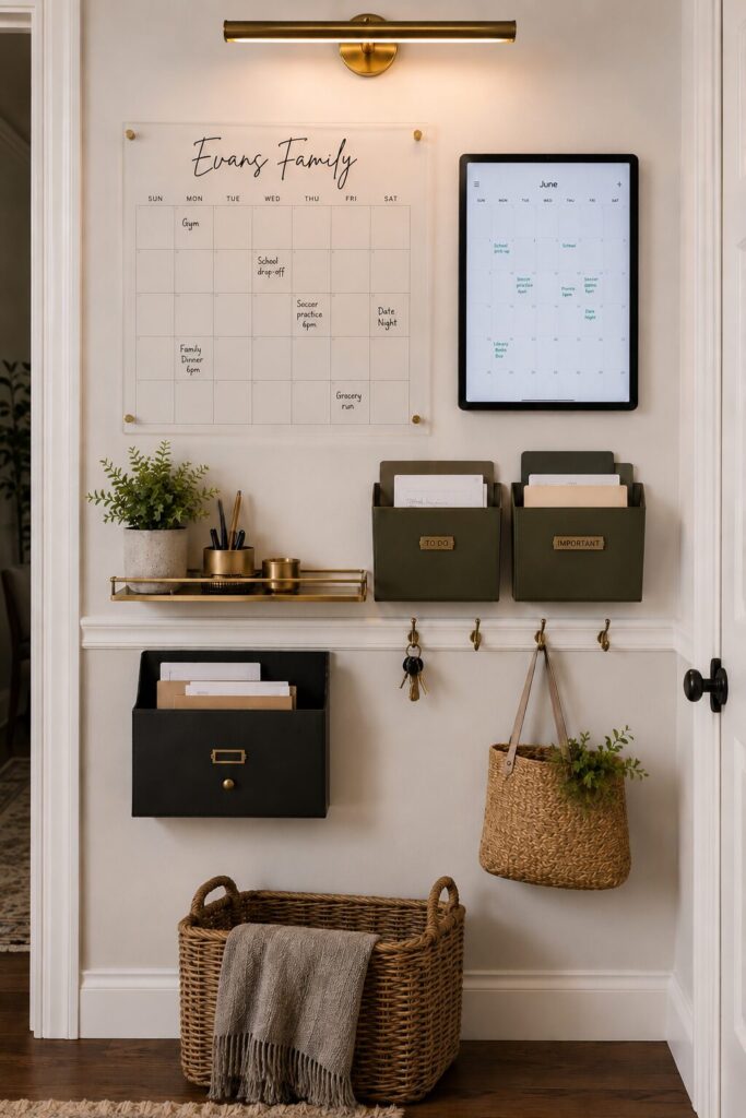 Command center with an acrylic calendar, electronic calendar, bins to store papers, shelf with a pen holder, plant, and a woven basket with a blanket.  